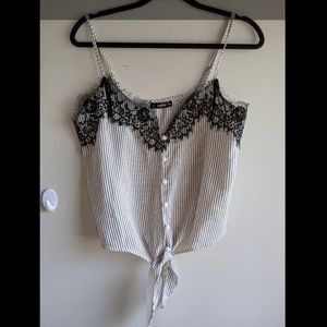 Shien Pin Striped Black Lace Button up Tank Top